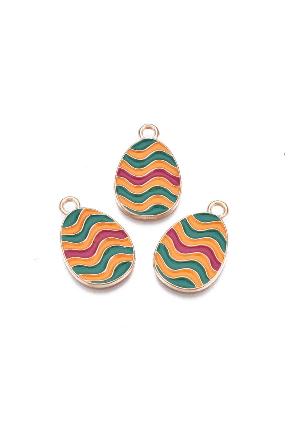 Alloy Enamel Pendants Light Gold Cadmium Free & Lead Free Easter Egg Shape with Stripe Dark Orange 22x14x1.5mm Hole: 2mm DIY