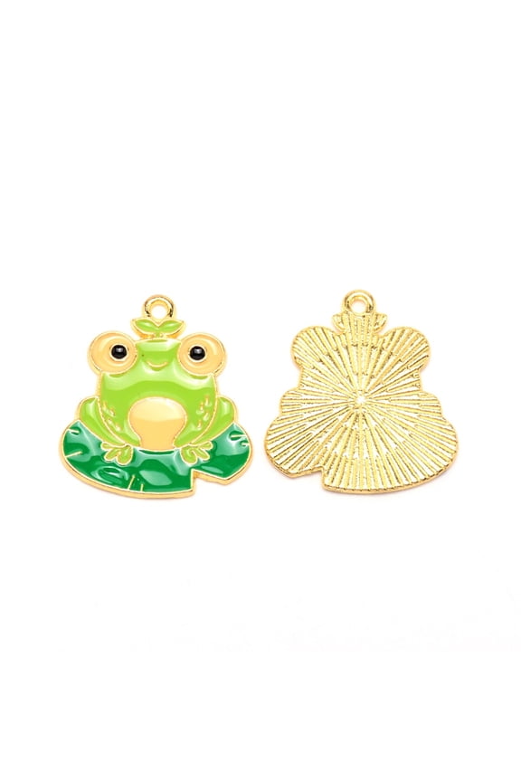 Alloy Enamel Pendants Light Gold Frog Green Yellow 25x22.5x1.5mm Hole: 1.6mm