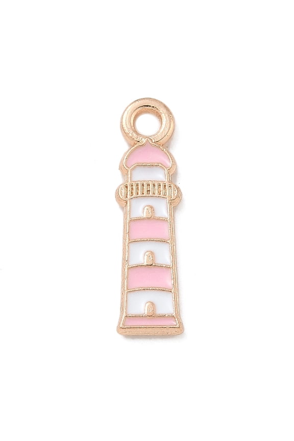 Alloy Enamel Pendants Light golden Cadmium Free & Lead Free Lighthouse Charm Pink 18x5x1.5mm Hole: 1.8mm