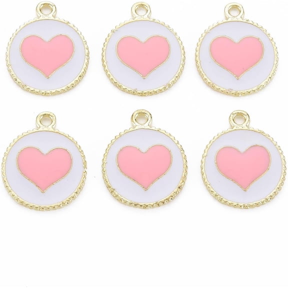 Alloy Enamel Pendants Light golden Cadmium Free & Nickel Free & Lead Free Flat Round with Heart Pink 18x15x1.5mm Hole: 1.6mm