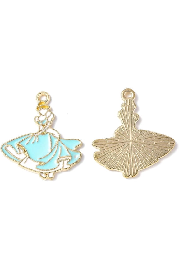 Alloy Enamel Pendants Light golden Princess Charm Cyan 24x21x1mm Hole: 1.4mm
