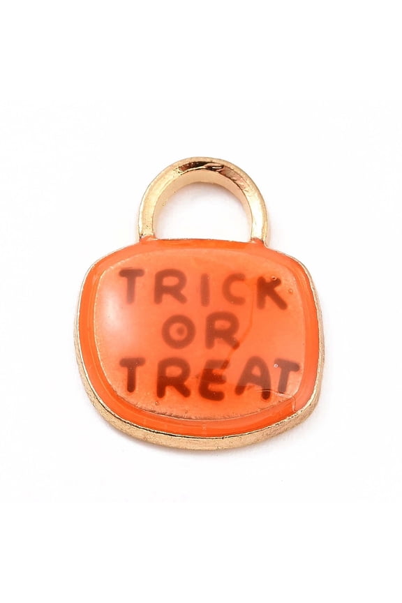 Alloy Enamel Pendants Padlock with Word Trick or Treat Charm for Orange Red 17x14.5x3mm Hole: 3.5x5mm DIY