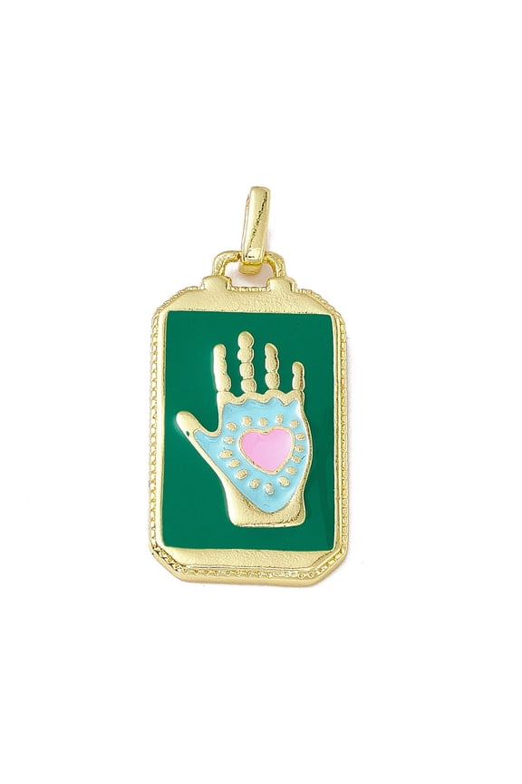 Alloy Enamel Pendants Rectangle Tarot Pattern Charm Golden Dark Green Hand Heart 26x14x2mm Hole: 2x3mm