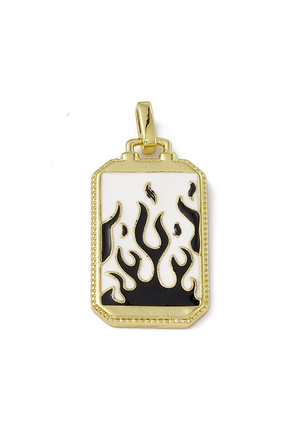 Alloy Enamel Pendants Rectangle Tarot Pattern Charm Golden Floral White & Black Fire Pattern 26x14x2mm Hole: 2x3mm