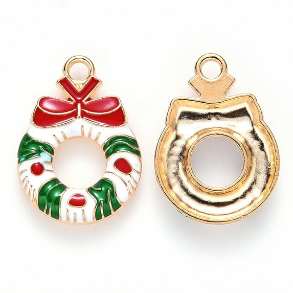 Alloy Enamel Pendants for Christmas Christmas Wreath with Bowknot Light Gold Colorful 23x16x3mm Hole: 2mm