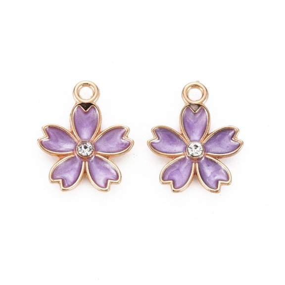 Alloy Enamel Pendants with Crystal Rhinestone Sakura Flower Light Gold Dark Orchid 17x14x3mm Hole: 1.8mm