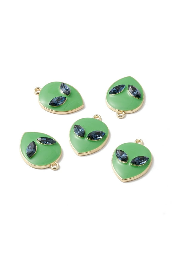 Alloy Enamel Pendants with Glass Rhinestone Light golden Alien Face Green 27.5x19.5x5.5mm Hole: 2mm