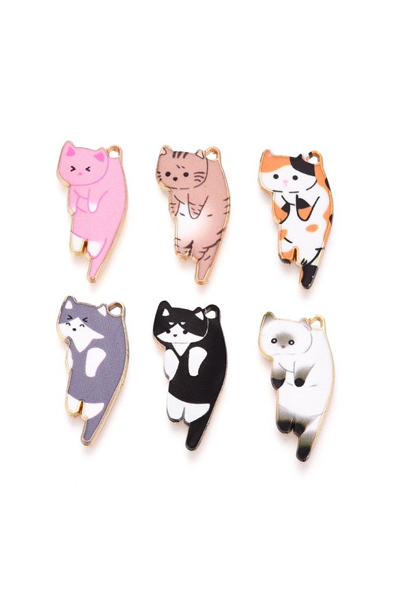 Alloy Enamel Pendants with Printed Cadmium Free Nickel Free Lead Free Cat Charm Golden Mixed Color 25x13x2mm Hole: 1.2-1.4mm
