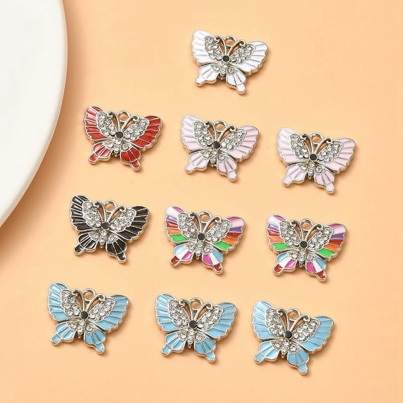 Alloy Enamel Pendants with Rhinestones Butterfly Charm Lead Free & Cadmium Free Platinum 15.5x20x2.5mm Hole: 1.8mm