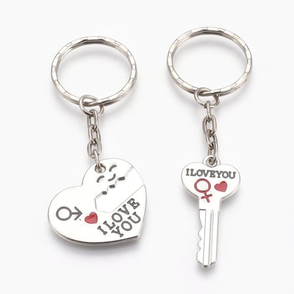 Alloy Enamel Split Pendant Keychain with Rhinestone and Iron Key Rings Heart with Key Platinum 73mm 83mm 2pcs/set