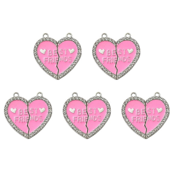 Alloy Enamel Split Pendant with Rhinestone Cadmium Free Nickel Free Lead Free Platinum Broken Heart with Word Best Friend Deep Pink