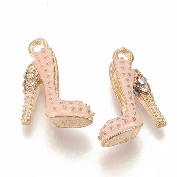 Alloy Enamel Stilettos Pendants Cadmium Free & Lead Free with Rhinestone High-heeled Shoes Light golden Pink 17.5x14x6mm Hole: 2mm