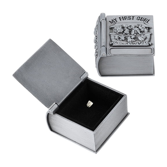 Alloy Engraved First Curl and First Tooth Keepsake Boxes Baby Teeth Fairy Memory Containers Silver Book 3.95x2.2x3.95cm
