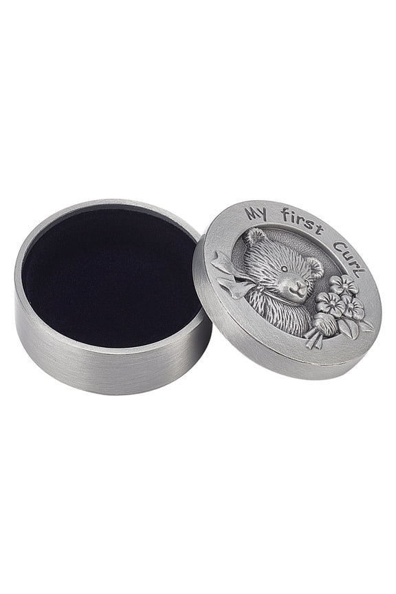 Alloy Engraved My First Curl box Column Bear Keepsake Gift box with Velvet Inside for Baby Shower Birthday Party Silver 4x2.15cm