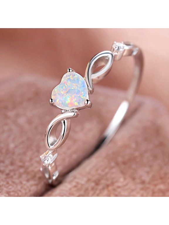Alloy Finger Rings with Brass Micro Pave Cubic Zirconia and Opal Finding Heart US Size 7(17.3mm)