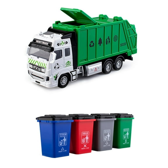 Alloy Garbage Truck Toy For Boys, Self-Loading And Dumping Sanitation Truck With Recycling Cards And Mini Trash Cans, Educational Play