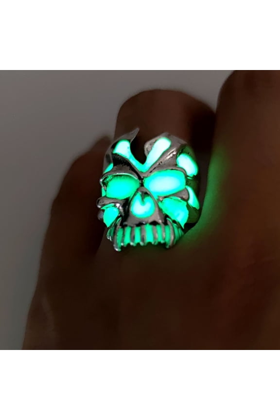Mens Vintage Ghost Head Rings Toothy Luminous Adjustable Alloy Geometric Rings Fluorescent Inlay Glowing Skull Ring