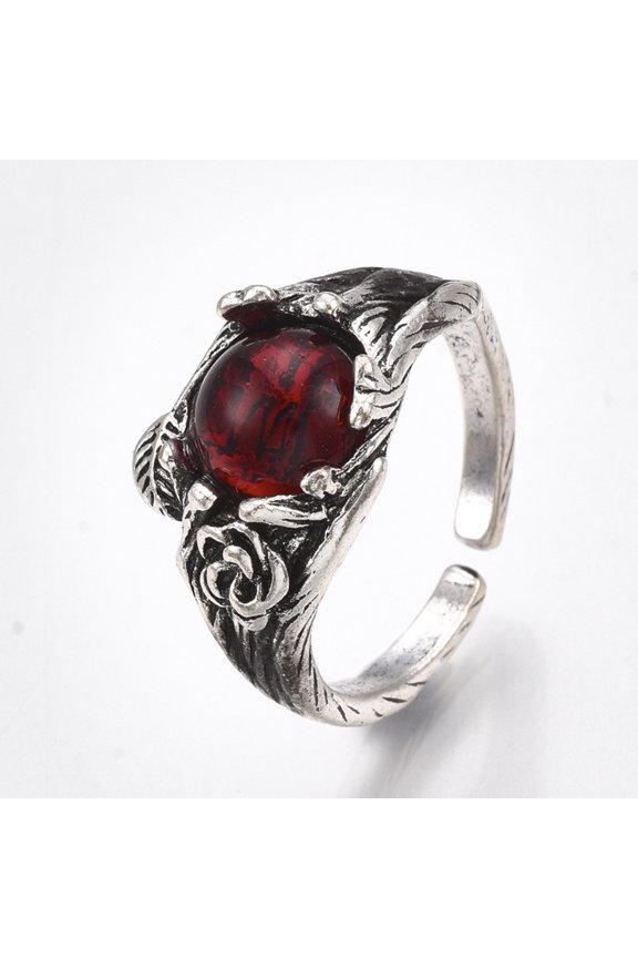 Alloy Glass Cuff Finger Rings Wide Band Rings Silver FireBrick US Size 8 1/2(18.5mm)