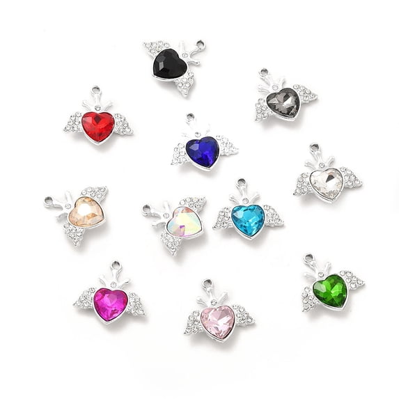 Alloy Glass Pendants Rhinestone Heart with Wing Charm Platinum Mixed Color 21.5x22.5x5.5mm Hole: 2mm DIY