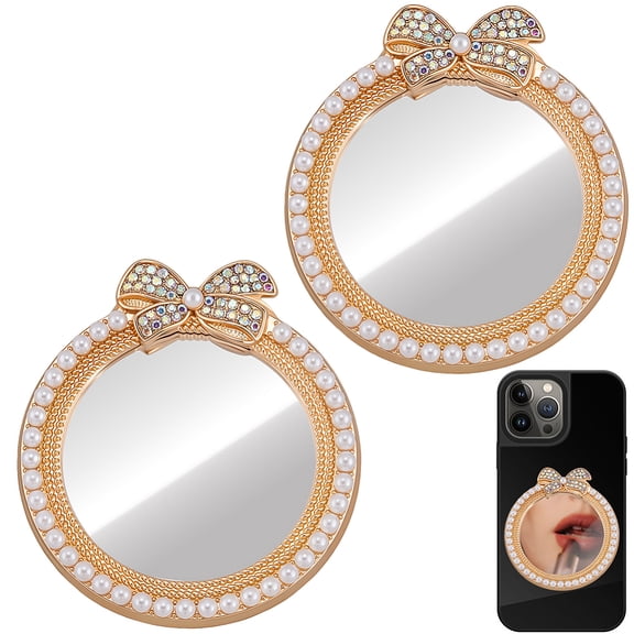 Alloy Glass Rhinestones Makeup Mirror for Phone Cases Phone Stick on Portable Phone Mirror with Acrylic Double-sided Tape Flat Round for DIY