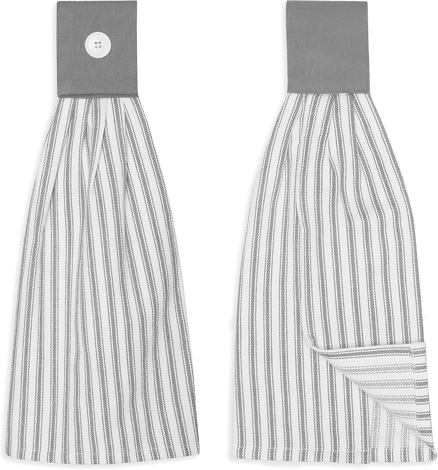 Alloy Gray and White Ticking Stripe Hanging Kitchen Dish Hand Towel Cotton with Button Accent, Set of 2