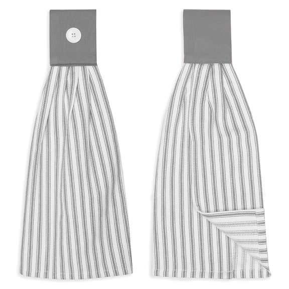 Alloy Gray and White Ticking Stripe Hanging Kitchen Dish Hand Towel Cotton with Button Accent, Set of 2