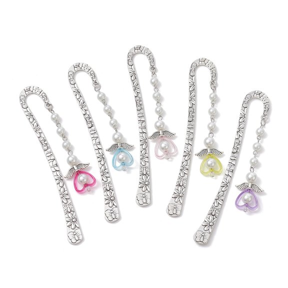 Alloy Hook Bookmarks Angel Acrylic Glass Beads Bookmarks Silver 123mm 5pcs/set
