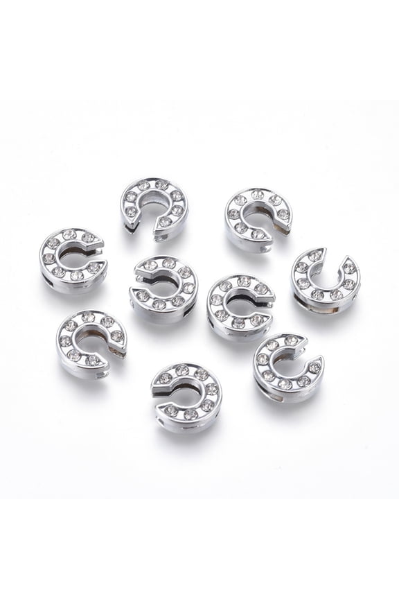 Alloy Initial Slide Charms with Grade A Rhinestones for Personalized Name Necklaces Making Lead Free & Nickel Free Platinum Letter.C 12~13x8~13x4~5mm Hole: 8x2mm