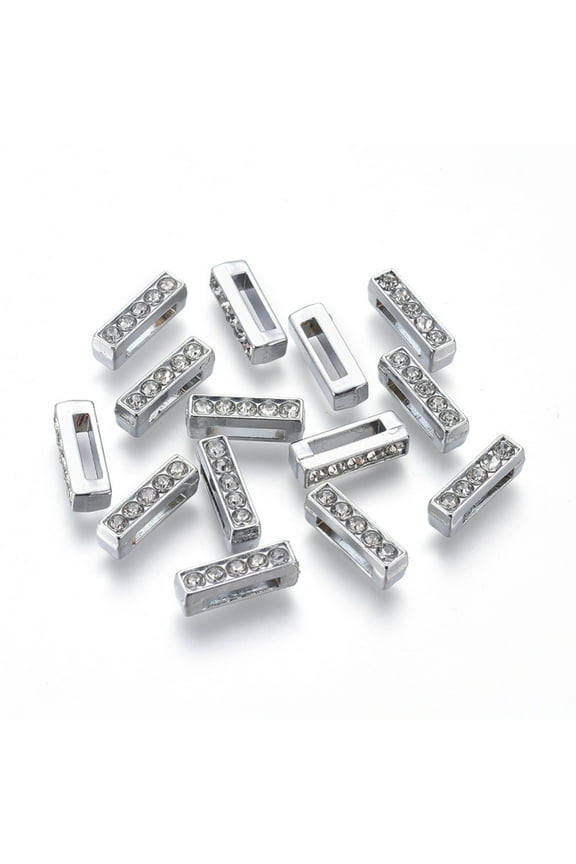 Alloy Initial Slide Charms with Grade A Rhinestones for Personalized Name Necklaces Making Lead Free & Nickel Free Platinum Letter.I 13x3.5x4.5mm Hole: 8x2mm