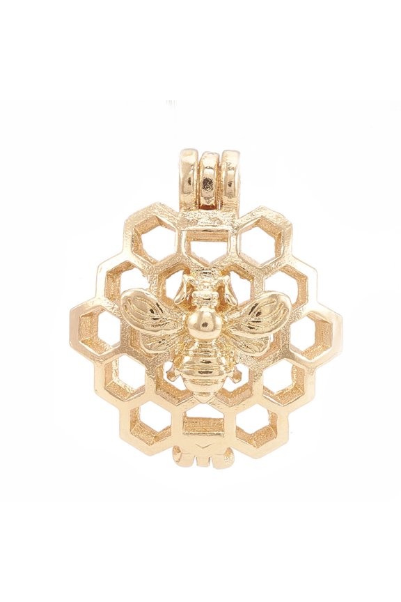 Alloy Locket Pendants Diffuser Locket Hollow Honeycomb with Bee Golden 26x22x13mm Hole: 4x3mm Inner Measure: 18mm