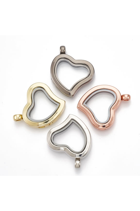 Alloy Magnetic Locket Pendants with Glass Heart Mixed color 33x29x6.5mm Hole: 3mm Inner Measure: 16x20mm