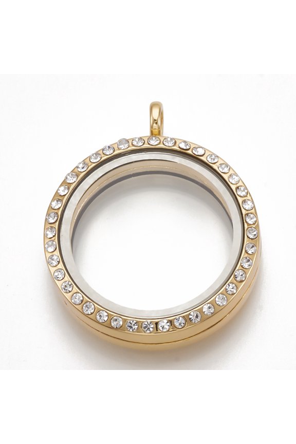Alloy Magnetic Locket Pendants with Rhinestone and Glass Flat Round 37x30.5x7.5mm Hole: 3.5mm Inner diameter: 23mm