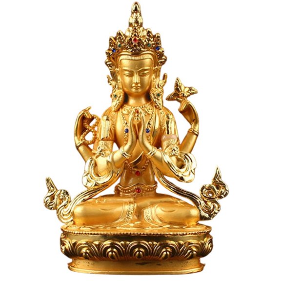 Alloy Metal Gold Plated Buddhist Suppliers Avalokitesvara Bodhisattva Four-Arms Guanyin Tibetan Figure Buddha Statue