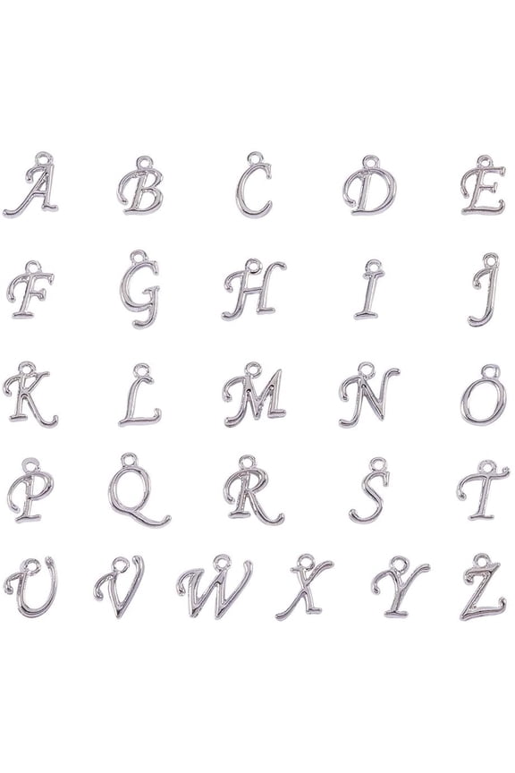 Alloy Mixed Letter Pendants Rack Plating Platinum Plated 12~17x4~15x2mm Hole: 1.5mm 26 letters/set 8pcs/letter DIY
