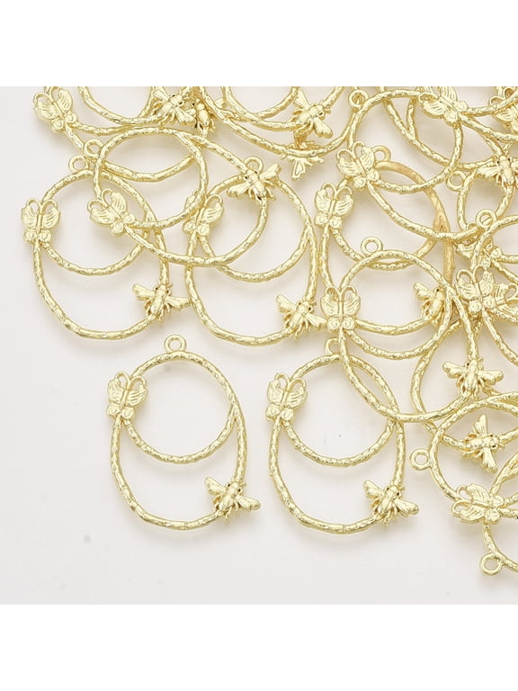 Alloy Open Back Bezel Pendants For DIY UV Resin Epoxy Resin Pressed Flower Jewelry Oval with Butterfly and Bee Light Gold 32x21x2mm Hole: 1.5mm DIY