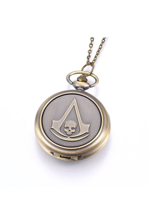 Alloy Pendant Necklace Quartz Pocket Watches with Iron Chains and Lobster Claw Clasps Flat Round with Skull Antique Bronze 31.9 inch(81cm) Watch: 65x47x14mm