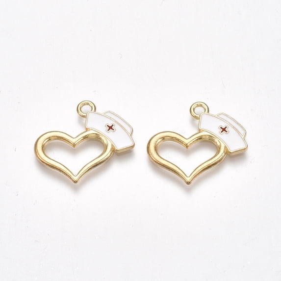 Alloy Pendants Cadmium Free & Lead Free with Enamel Heart with Nurse Cap Light Gold White 20x22x1.5mm Hole: 2mm DIY