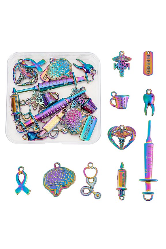 Alloy Pendants Cadmium Free Nickel Free Lead Free Hospital Theme Mixed Shapes Rainbow Color 19~61.5x8~22x2~5mm Hole: 1.5~5mm 10pcs/set 2 sets DIY