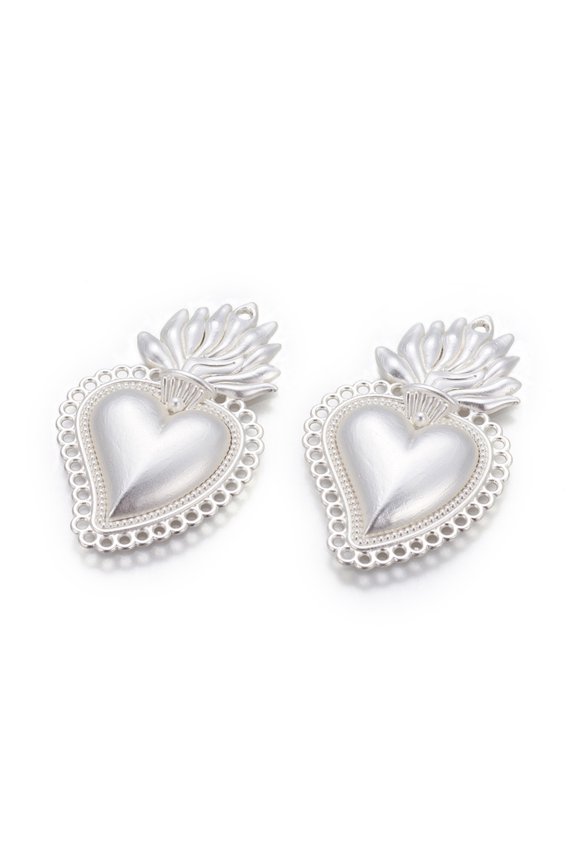 Alloy Pendants Sacred Heart Heart of Holy Flame Matte Silver 40x25x3.5mm Hole: 1.5mm