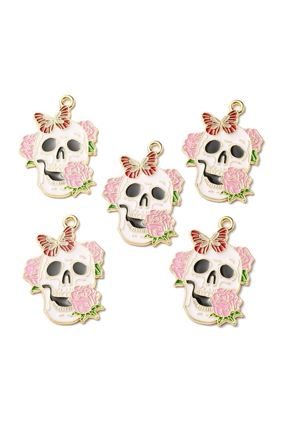 Alloy Pendants with Enamel Light golden Skull with Rose Charm Pink 30.0x21.5x1mm Hole: 1.6mm