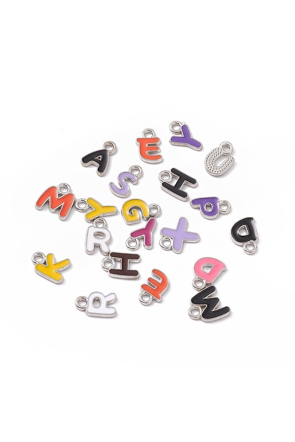 Alloy Pendants with Enamel Mixed Color Random Letter Charm Platinum 10x7~9x1.5mm Hole: 1.6mm