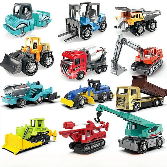 Alloy Pull Construction Cars & Trucks Mini Sensory Toy Vehicles for Toddlers Ages 3-8, Educational Outdoor/Indoor Play with Kids Party Favors & Easter Basket (12-Pack)