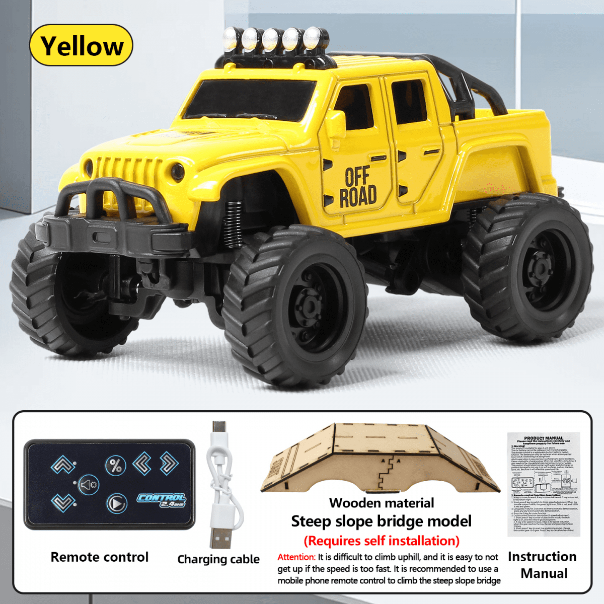 Alloy Remote Control Truck for Kids, 1:64 Mini RC Car with Wooden Bridge for Boys Girls Off-Road Vehicle Racing & Birthday Gifts(Yellow)