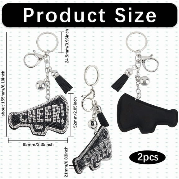 Alloy+Rhinestone 1 Box 2Pcs Cheer Keychain Bulk Megaphone Key Chains Large Alloy Bling Black Word Inspiration Cool Cheerleading Tassel Keyring Key Rings