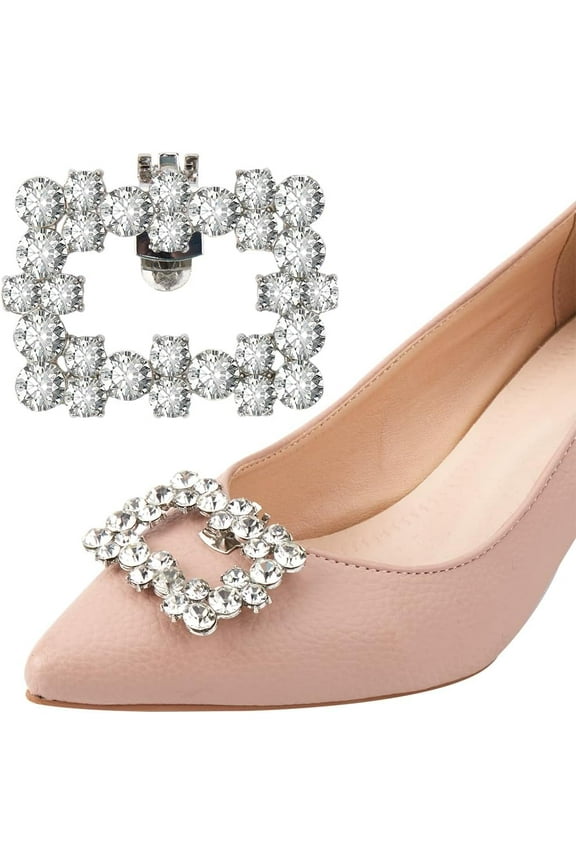 Alloy+Rhinestone 2pcs Alloy Rhinestone Shoe Decorations Detachable Shoe Buckle Clips Rectangle Platinum 41x51x11mm