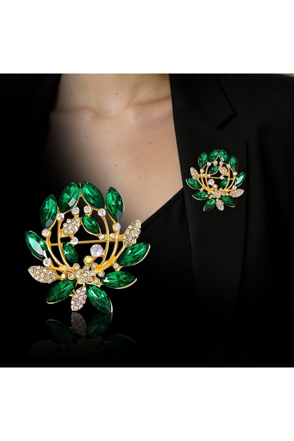 Alloy & Rhinestone Golden Branch Leaf Brooch for Women,Elegant Green Crystal Leaf Pin,Vintage Brooches for Wedding Dress Lapel Jacket Accessories