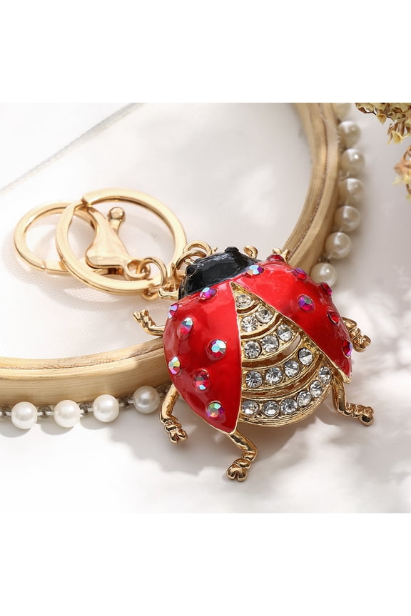Alloy Rhinestone Keychains bag Purse Decorations Enamel style Ladybug Red 50mm