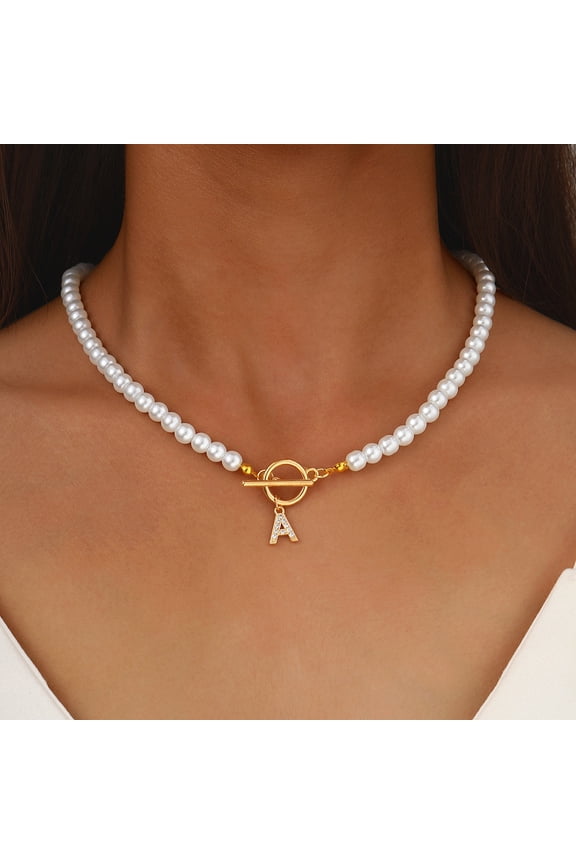 Alloy Rhinestone Letter Pendant Necklaces White Plastic Imitation Pearl Round Beaded Initial Necklaces for Women Golden Letter A 17.91 inch(45.5cm)