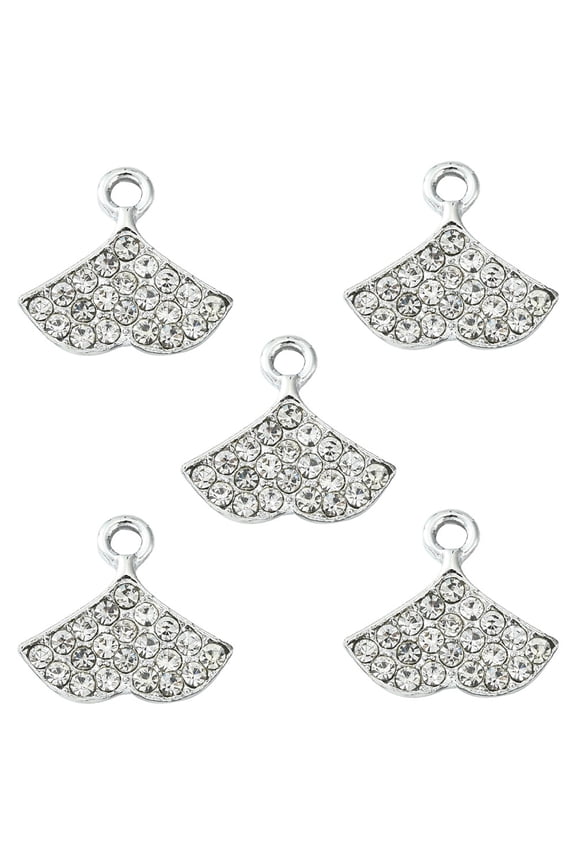 Alloy Rhinestone Pendants Platinum Tone Ginkgo Leaf Charms Crystal 14x15x2.5mm Hole: 1.8mm