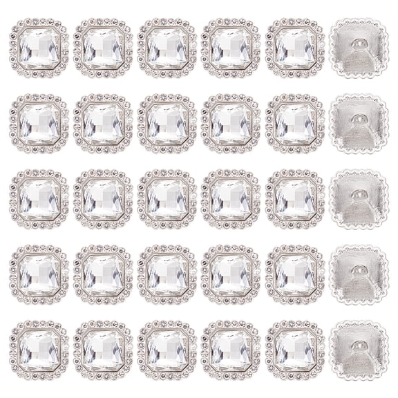 Alloy Rhinestone Shank Buttons 1-Hole Square Silver 18x18x9.5mm Hole: 2.5mm 30pcs/set DIY